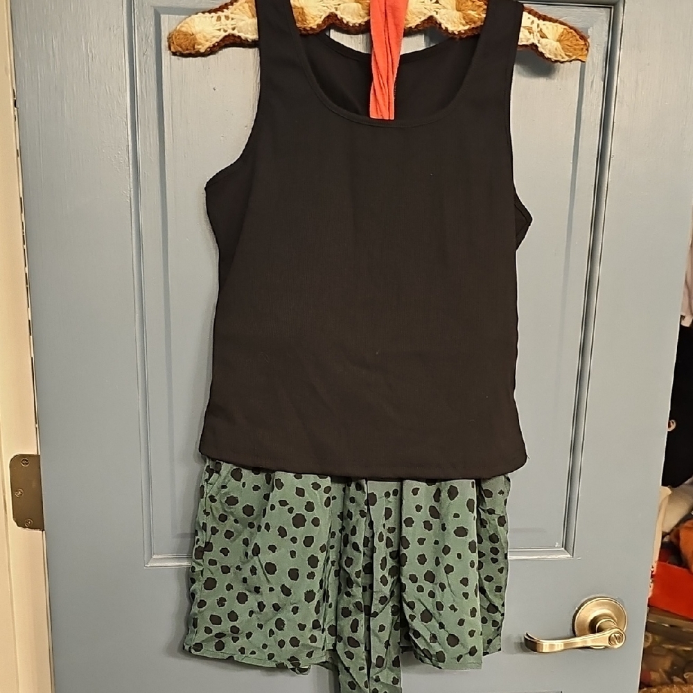 Black Green Polka Dot Pajama Set Never Worn Women Junior Large Emery Rose
